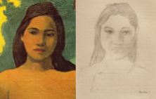 Figure from Gauguin's 1899 painting 'Tahitian Women with Mango Blossoms' (left); George Calderon's pencil sketch 'Manu' (right)