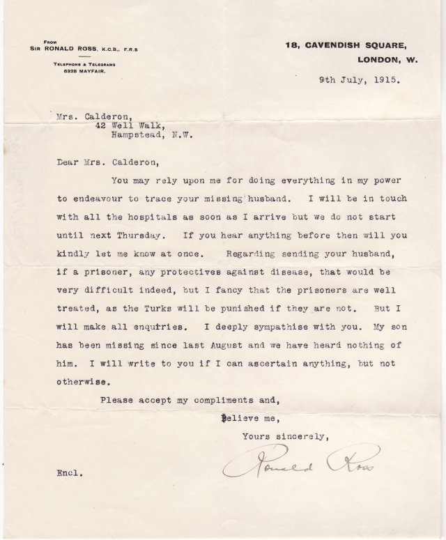 Ronald Ross Letter to Kittie