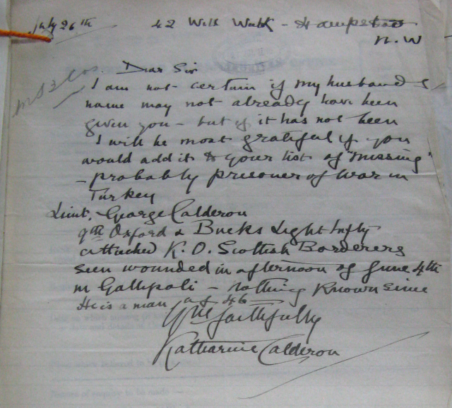 K.C. Letter to War Office, 26. July 1915
